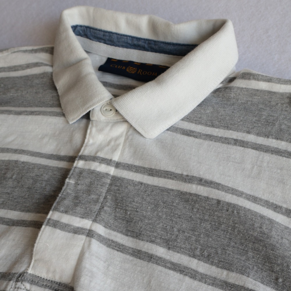 Club Room Mens XL Rugby Polo Shirt Gray White Striped Short Sleeve 100% Cotton
